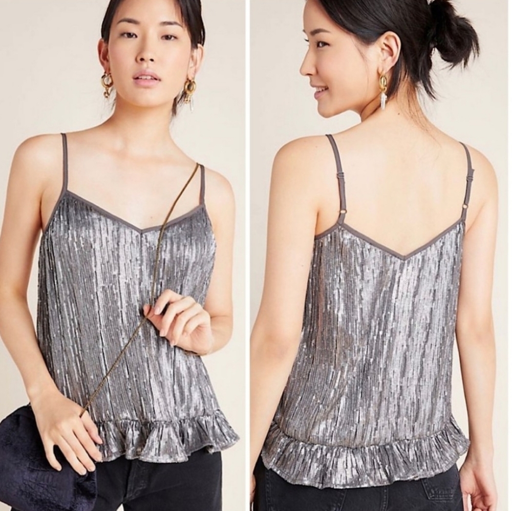 NEW Anthropologie Amelie Beaded Cami Pewter Ruffle Hem Evening Top Bohemian Chic - Picture 3 of 11